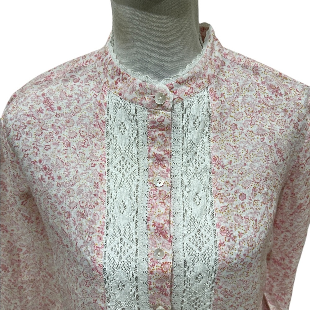 Nwot Asha plage pale Pink Floral Long Sleeve mini Dress Lace Trim linen medium - Picture 4 of 8
